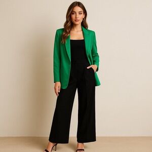 Spring + Mercer Emerald Green Satin Blazer in Large |‎ Tailored One Button